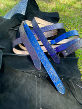 Load image into Gallery viewer, Embossed Medieval/Viking Leather Belts with Ring in choice of Black, Blue, Burgundy or Purple - Individually handmade
