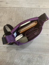 Load image into Gallery viewer, Leather Handbag Individually Handmade - Purple with Celtic Shield Knot design on front - with swing clasp and adjustable Leather strap
