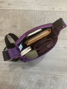 Leather Handbag Individually Handmade - Purple with Celtic Shield Knot design on front - with swing clasp and adjustable Leather strap
